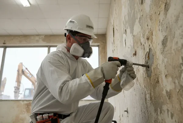 Inspector in a hard hat taking an asbestos sample from a wall at a demolition site.
