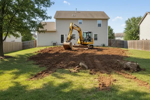 Excavator performing backyard grading for drainage on a residential property in Ohio.