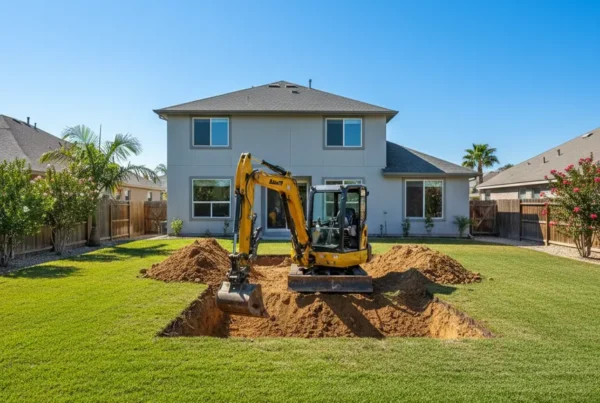 Mini-excavator digging the foundation for a new swimming pool in a residential backyard.