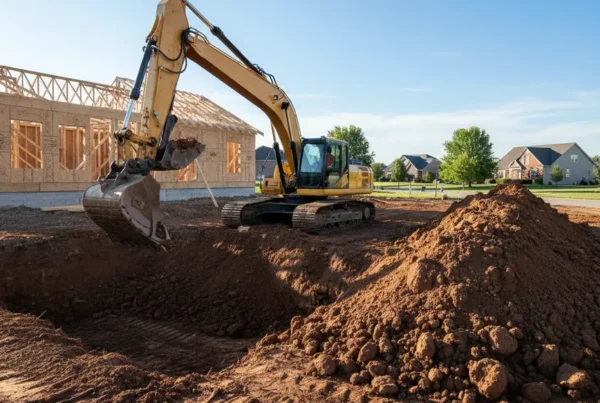 Excavator digging a basement foundation at a new home construction site in Ohio.