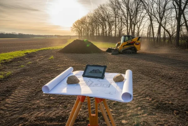 Cleared plot of land in Ohio with construction blueprints and a skid steer.