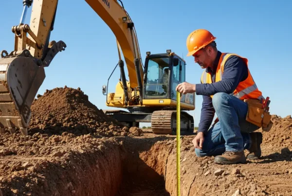 A contractor measures the depth of an excavation trench on a construction site in Ohio.