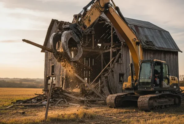 Excavator taking down an old wooden barn during a demolition project in Ohio.