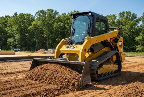 A tracked skid steer leveling the ground for a new building pad in Ohio.