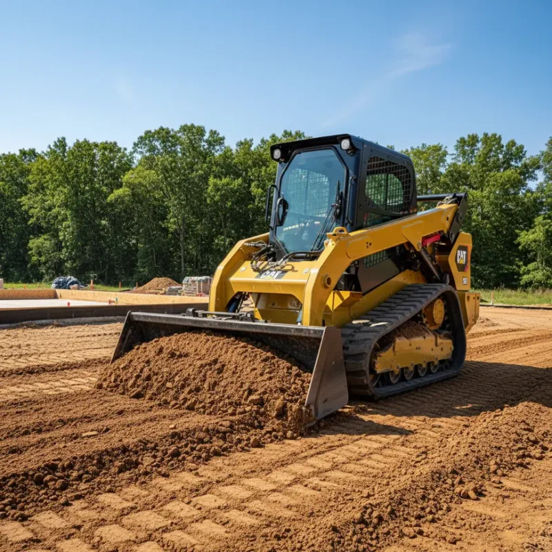 A tracked skid steer leveling the ground for a new building pad in Ohio.