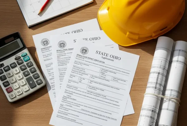 Desk with Ohio demolition permit forms, a hard hat, and construction blueprints.