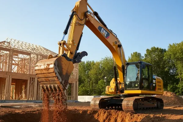 A CAT excavator digging a basement foundation on a residential construction site in Ohio.