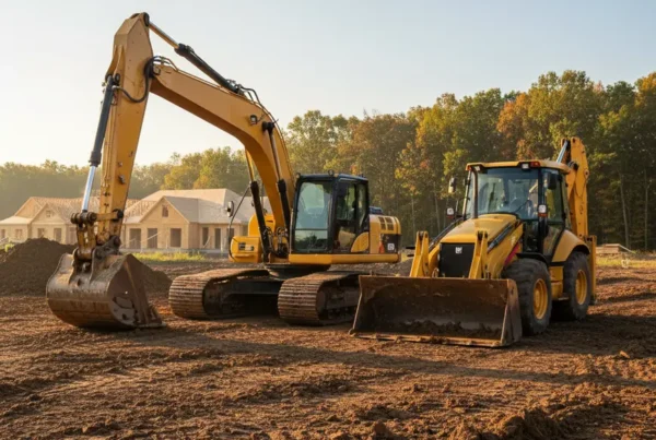Excavator and backhoe loader on a Central Ohio construction site with clay soil.