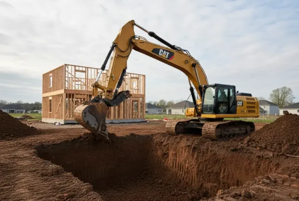 CAT excavator digging a new home foundation in the clay soil of Central Ohio.