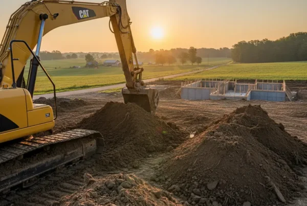 Excavator digging into dark clay soil at a Central Ohio construction site.