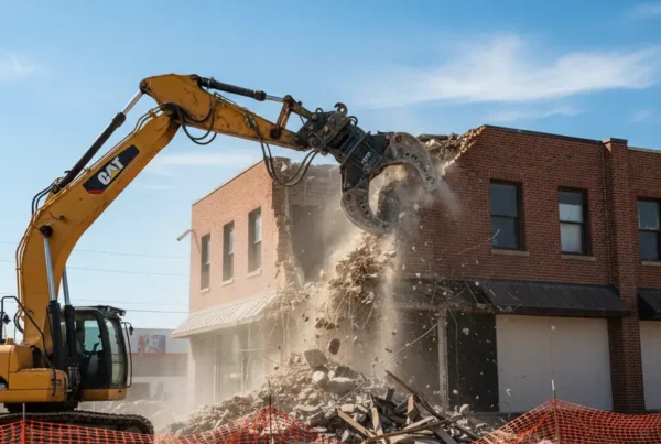 Excavator demolishing a commercial brick building at a Central Ohio construction site.