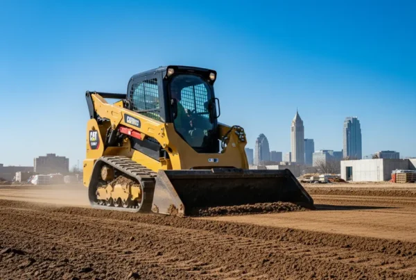 A CAT skid steer performing commercial site grading on a construction lot in Ohio.