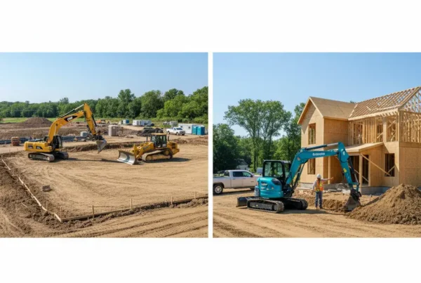 Split image comparing a large commercial construction site with a smaller residential site work.