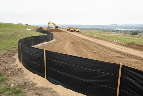 Silt fence installed on a construction site for erosion and sediment control.