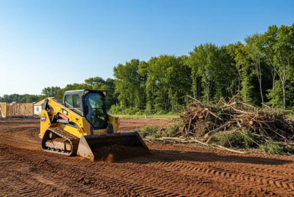 A yellow skid steer clearing land as part of a construction site preparation checklist.