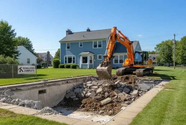 Excavator working on the demolition and removal of an in-ground pool in an Ohio backyard.