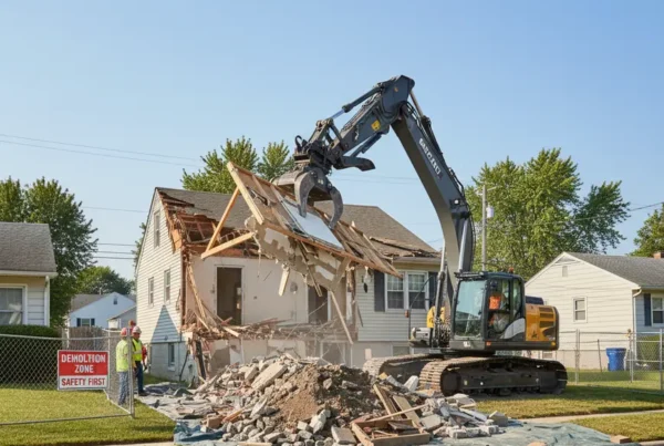 Excavator demolishing a residential house in a Central Ohio suburban neighborhood.