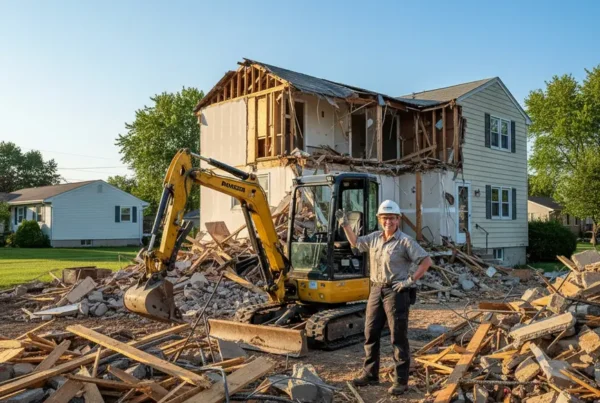 Homeowner in front of their partially demolished house during a DIY demolition project in Ohio.