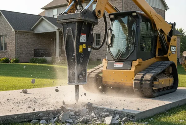 A tracked skid steer with a hammer attachment demolishing a concrete slab in a backyard.