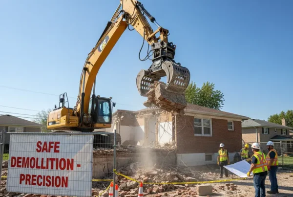 Excavator demolishing a brick house in a Central Ohio residential neighborhood.