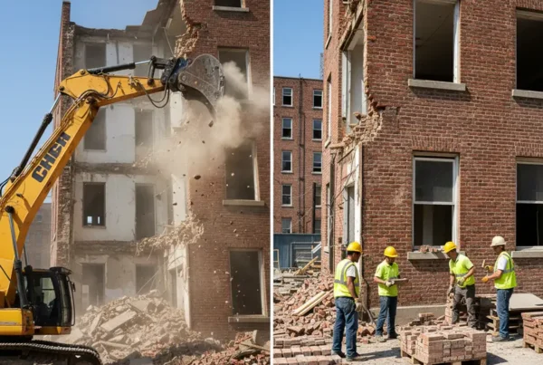 Split-screen image comparing the chaotic process of demolition with the careful process of deconstruction.