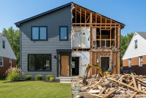A house split between being renovated on one side and demolished on the other.
