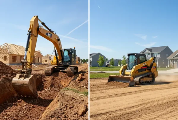 Split image showing an excavator digging a trench and a skid steer grading land.