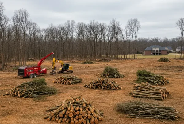 Piles of felled trees on a cleared lot in Central Ohio with disposal equipment.