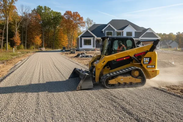 A tracked skid steer operator grading a long gravel driveway in Central Ohio.