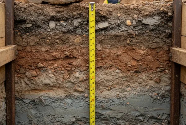 Side view of an excavation trench in Ohio showing clay soil and a measuring tape at the 5-foot safety limit.