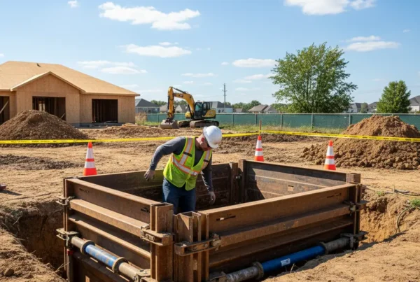 A construction worker inspects a trench with a safety box at an excavation site.