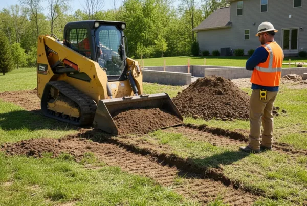 A compact track loader digging a foundation trench for a retaining wall project.