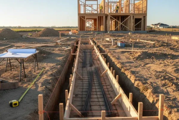 Cleanly excavated footer trench with rebar forms at a Central Ohio construction site.