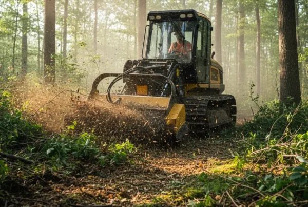 Forestry mulching machine clearing underbrush and trees in a Central Ohio woodland.
