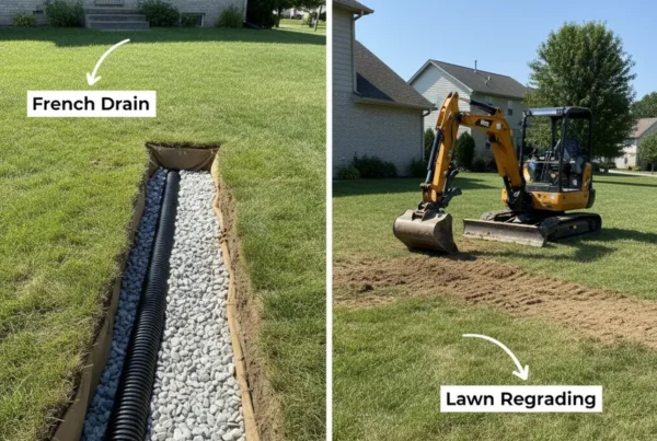 Split image comparing a French drain installation with backyard landscape regrading for drainage.