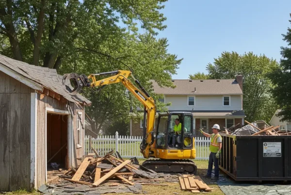 A small excavator carefully demolishing a residential garage in a Central Ohio backyard.