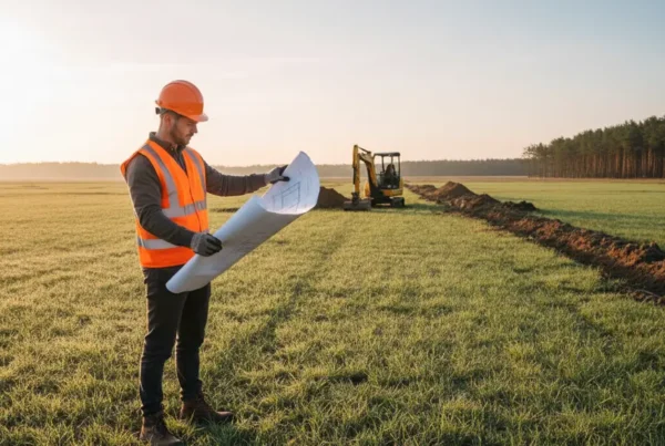 Utility worker reviewing blueprints for installing utilities on a plot of raw land.
