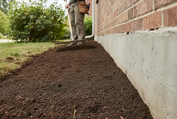 Landscaper grading soil away from a home's foundation to ensure proper water drainage.
