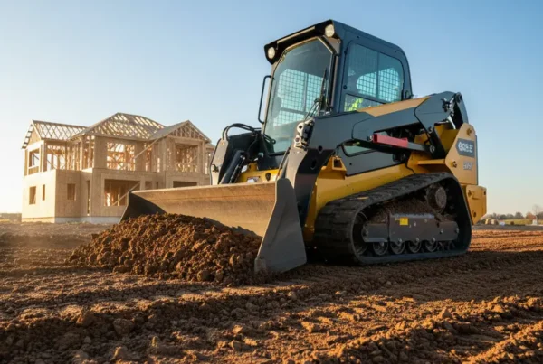 A tracked skid steer grading land at a new home construction site in Ohio.