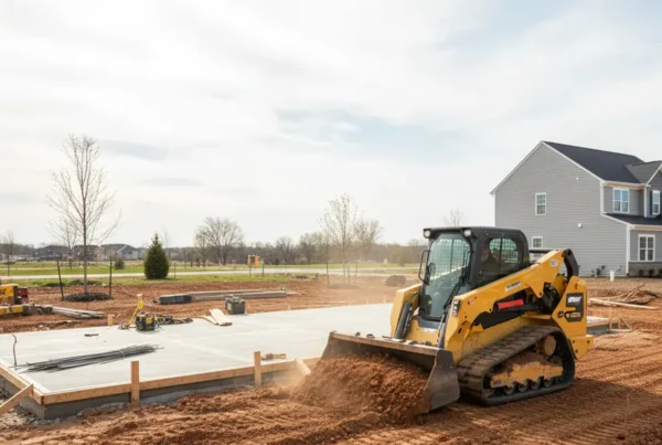 Tracked skid steer grading the land next to a new house foundation in Ohio.
