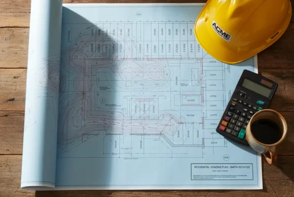 A blueprint for a residential grading permit on a desk with a hard hat.