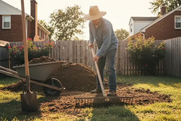 Person grading a residential yard by hand with a landscaping rake and shovel.