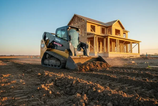 A skid steer performing land grading and leveling on a new home construction site.