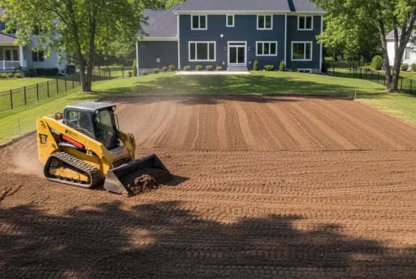 Compact track loader grading the soil in a backyard for a new patio installation.