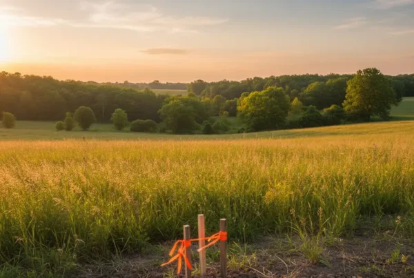 Surveyor stakes on a plot of raw land for sale in Central Ohio.