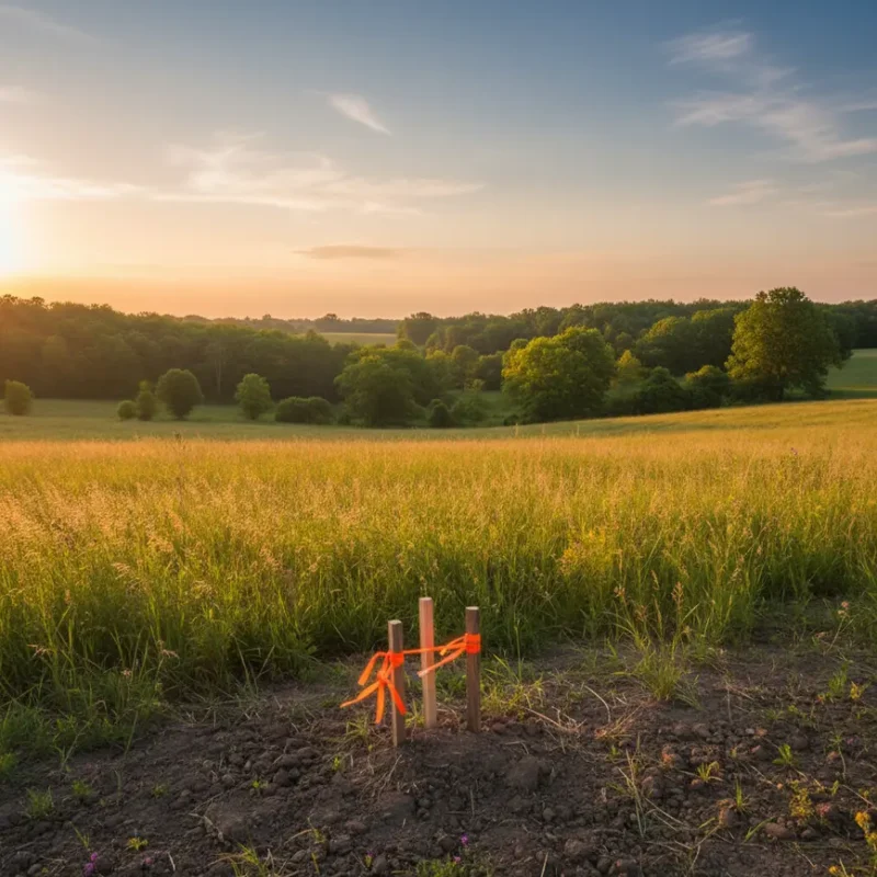 Surveyor stakes on a plot of raw land for sale in Central Ohio.