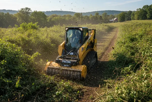 A tracked skid steer with a mulcher attachment clearing a field of heavy brush.