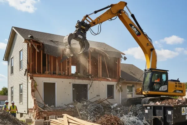 Excavator demolishing a suburban house in Central Ohio during the day.