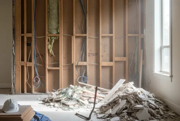Interior of a room during demolition with exposed wall studs and debris on floor.