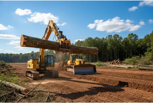 Excavator and bulldozer clearing land on a construction site in Central Ohio.